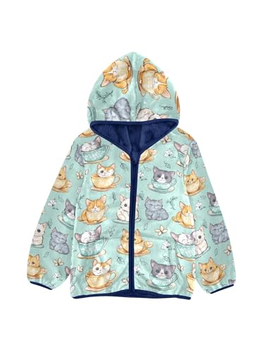 Teacup Pet Cute Cat Girls Fleece Jacket Girls Fall Jacket Boys Coats Zip Up Hoodie Children Sherpa Warm Outerwear 2-10T