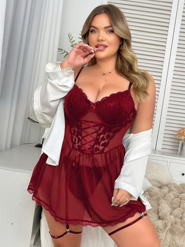 Women Plus Size Lingerie Mesh Babydoll Dress Sexy Lace Nightgown Lace Up Sleepwear Nighty with Gater Belt3