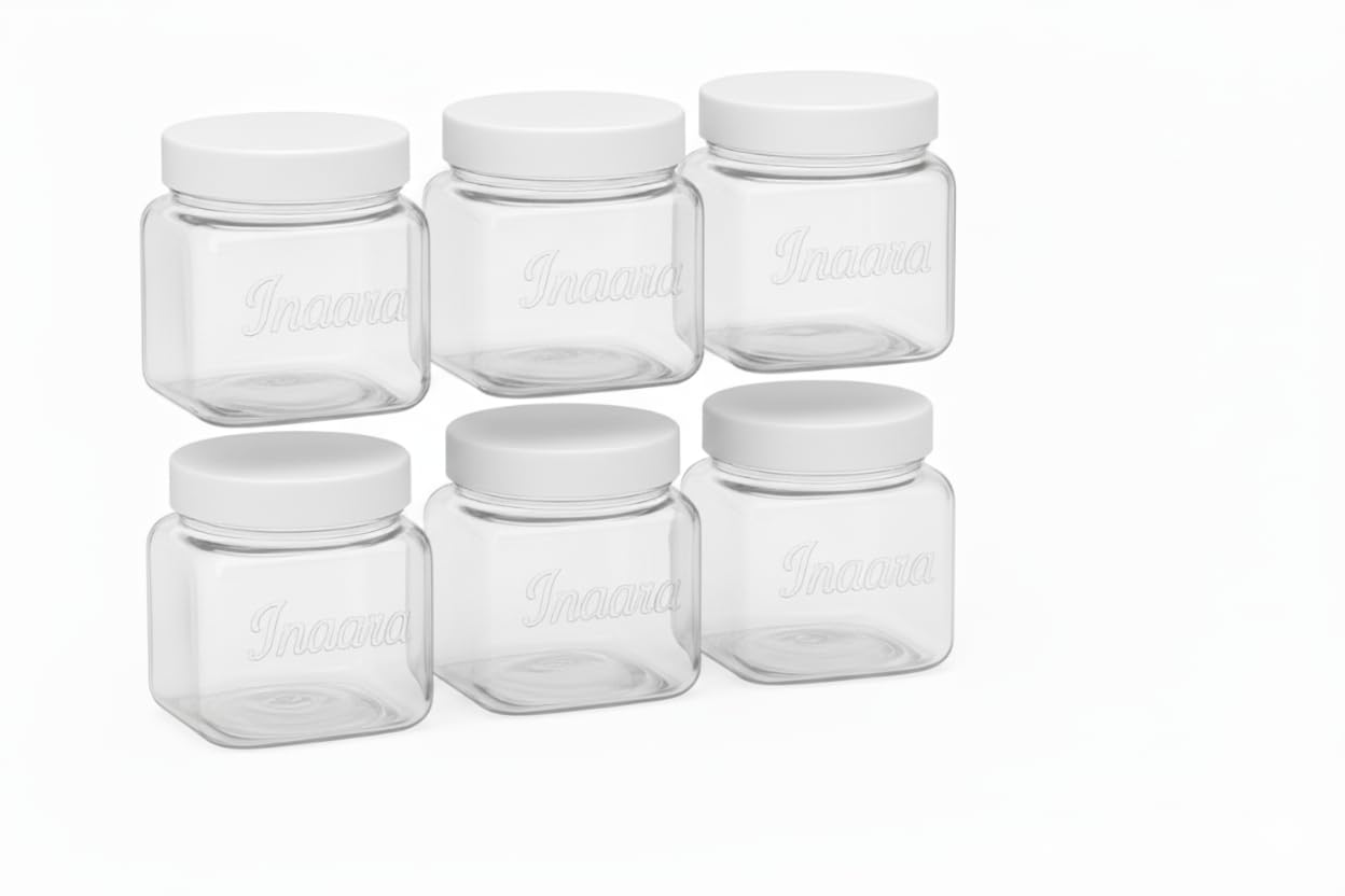 Inaara Airtight Plastic Storage Jars Set of 6 | Transparent Kitchen Containers with White Lids for Spices Dry Fruits Snacks | Food Grade BPA-Free Storage Box set (170 ml (Jars))