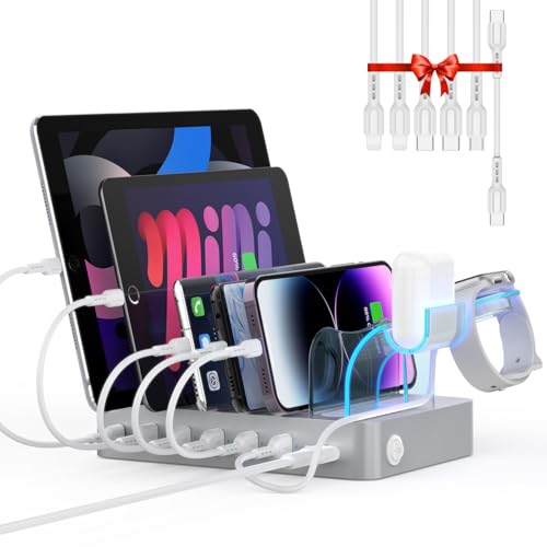 SooPii 60W 6-Port PD Charging Station for Multiple Devices, 20W PD USB C Fast Charging for lPhone 14/13/12,6 Short Cables Included, 2 in 1 Holder,for Phones,Tablets and Others