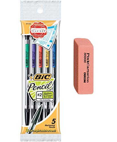 BIC #2 Mechanical Pencil, Medium Point (0.5mm), 5-Count With Large Pink Eraser