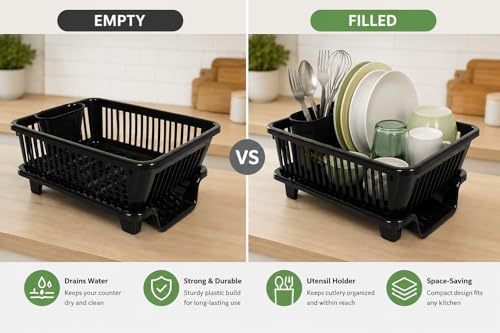 Image of Dish Rack, 3 in 1 Large Plastic Drainer Drying Rack Washing Basket with Tray, Utensil and Cutlery Organiser