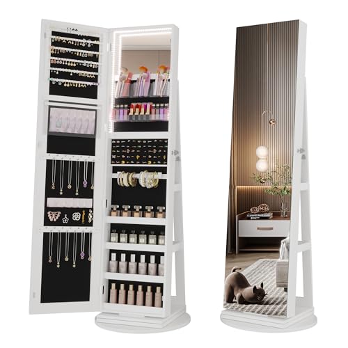 Vlsrka Armario para joyero LED con Espejo de cuerpo entero, Espejo joyero de pie giratorio 360°,...