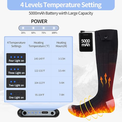 ZUOYI Heated Socks, Heated Socks for Men Women Rechargeable Washable, 5000mAh Battery with 4 Heating Levels for Hunting, Camping, Walking, Fishing (Black & Gray, Unisex-Adult)