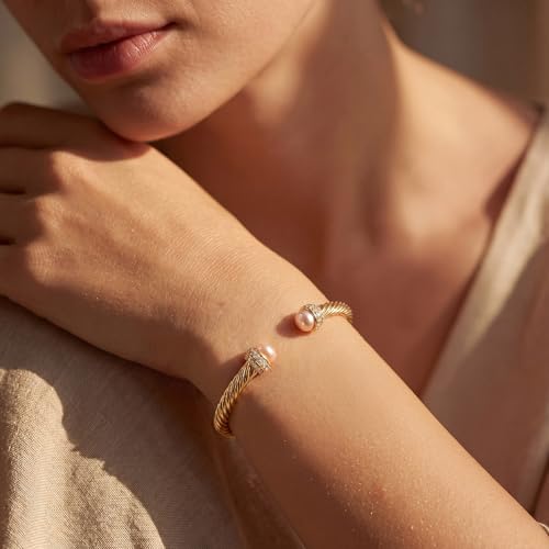Image of Fettero Gold Cuff Bangle Bracelets for Women - 14K Plated Adjustable Open Cuff Gold Bangles Charm Elegant Twisted Cable Bangle Friendship Bracelets Lightweight Bracelet for Dainty Jewelry