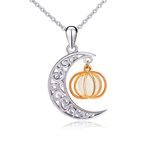 Halloween Jewelry 925 Sterling Silver Moon and Pumpkin Bat Luminous Beads Glow Pendant Necklace, 18 inches