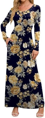 DEARCASE Women's Maxi Dress Long Sleeve Crewneck Loose Plain Casual Empire Waist Fall Party Long Dresses with Pockets