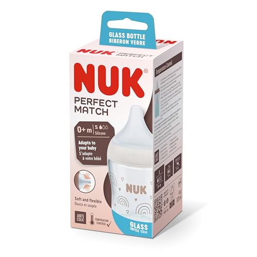 NUK Perfect Match Glass Baby Feeding Bottle with Soft Silicon Teat Rainbow 120 ml Capacity