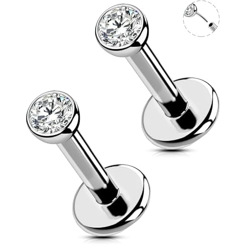 OUFER 2Pcs 20G/18G/16G G23 Titanium Threadless Nose Stud Earrings Flat Back Tiny CZ Small Nose Helix Cartilage Tragus Conch Labret Medusa Monroe Piercing Jewelry for Women Men Silver 2pcs, 1