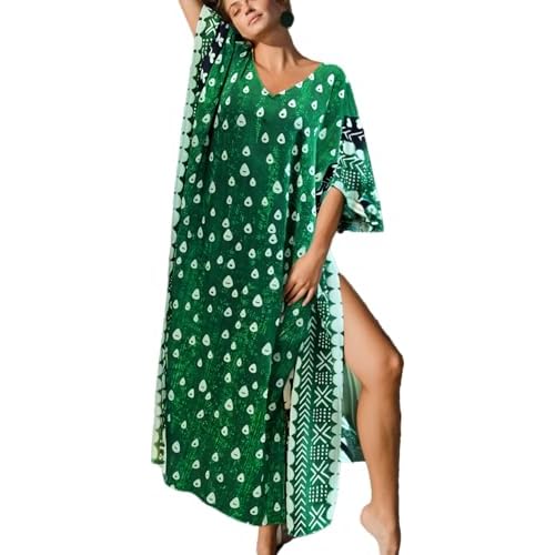Beach Cover-ups Women's Wave Point V-Neck Caftans Rayon Ethnic Print Plus Size Caftan Over-Sized Half-Sleeve Kaftan One Size 203-4