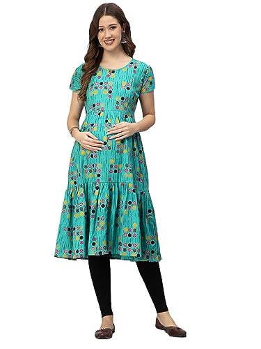 Image of CEE 18 Women's Cotton Rayon A-Line Maternity Feeding Kurti with Zippers (10007) (M, Simplistic Green)