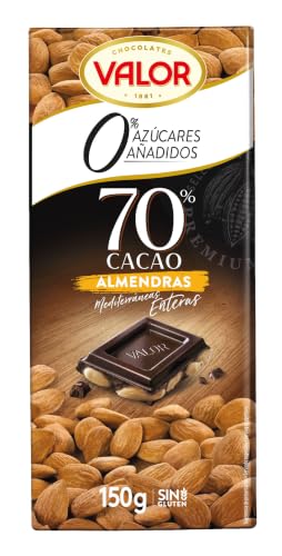 Valor - Chocolate Negro 70% con Almendras, 0% Azúcares Añadidos, 150 g | Chocolate con almendras y chocolate negro 70%, sin gluten y 0% azúcares añadidos, 150 g