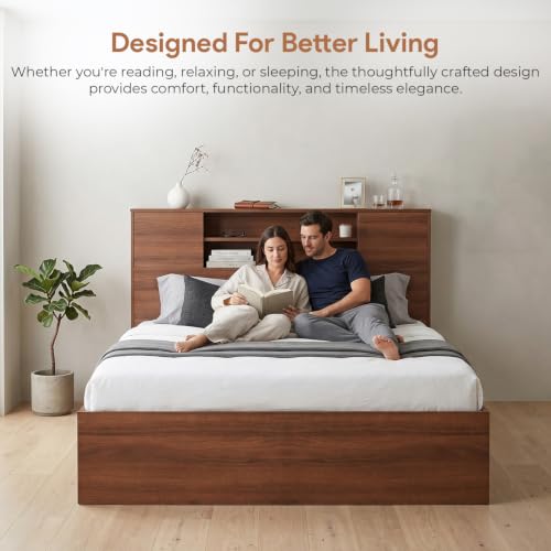 Image of FURNIFLIX Engineered Wood King Size Bed with Storage | Wooden Double Bed Cot Palang Furniture for Bedroom & Living Room (Walnut Finish) | 1 Year Warranty