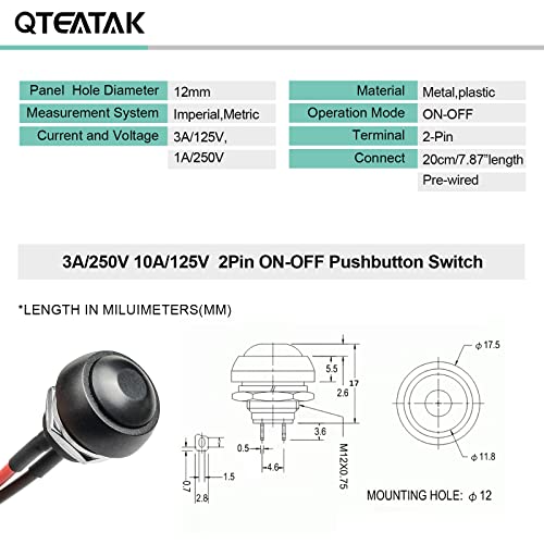 Qteatak JF-0088 1/2"(12Mm) Pre-Wired Mounting Hole On/Off Mini Round Waterproof Momentary Push Button Switch Jf-33B -2Pack thumb #1