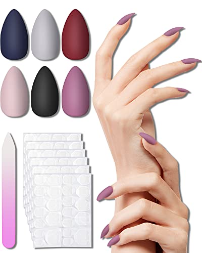 6 Packs (144 Pcs) Matte Press on Nails Medium Almond, Glue on Nails for Women, Acrylic Press ons False Nails, Fake Nails with Glue Stickers, Stick on Nails, Nail Art Manicure Kit, Short Nail Tips