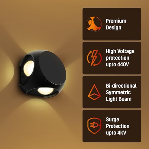 Image of wipro Garnet 4 Watt 4 Ray Round Outdoor Wall Light for Home | 4 x 1W| IP65 LED Wall Light | Warm White, Yellow 2700K | Aluminium Housing |(Black Body, Pack of 1)
