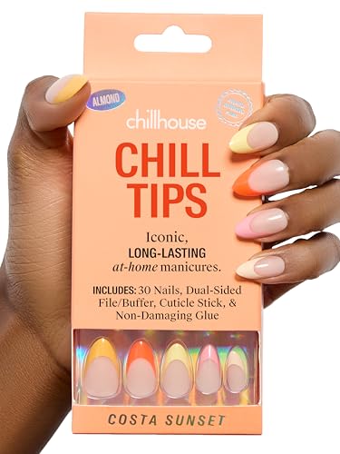 Chillhouse - Chill Tips, French Tip Press On Nails Kit - Costa Sunset (Almond) - 30 Nail Shapes & Sizes - 2 Weeks of Wear - Customizable Fit - French Manicure Kit - Women Owned - Beauty & Self Care