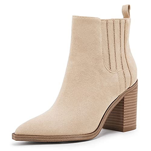 Womens Ankle Boots Slip on Pointed Toe Chunky Block Mid Heel Leather Elastic Panel Casual Chelsea Western Booties