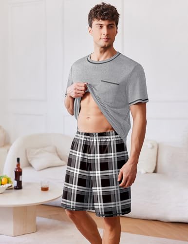 Image of Ekouaer Men's Pajamas Set Casual Short Sleeve Shirts and Shorts Soft 2 Piece Loungewear With Pockets