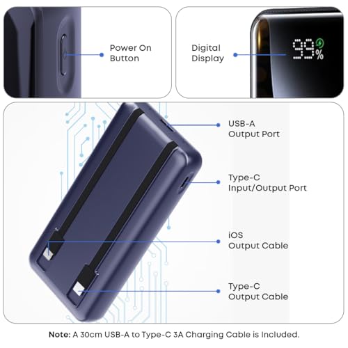 Image of pTron Dynamo Power 20000mAh 22.5W Super Fast Charging, USB Type-C Input Power Bank with Quick Charge & 20W Power Delivery, Built-in Charging Cables, 4 Outputs, Type-C Input /Output Port (Indigo Blue)