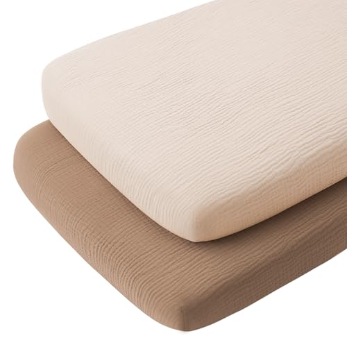 Image of Konssy Muslin Fitted Bassinet Sheets 2 Pack for Baby Girl Boy, Soft Bedside Sleeper Bassinet Sheets Fit for Baby Bassinets, Moses Basket Oval Rectangle Pad/Mattress