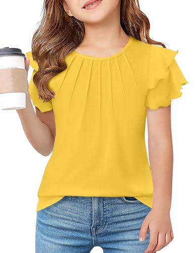 Image of Arshiner Girls T Shirts Ruffle Short Sleeve Summer Pleated Crewneck Casual Tops Tees Blouses
