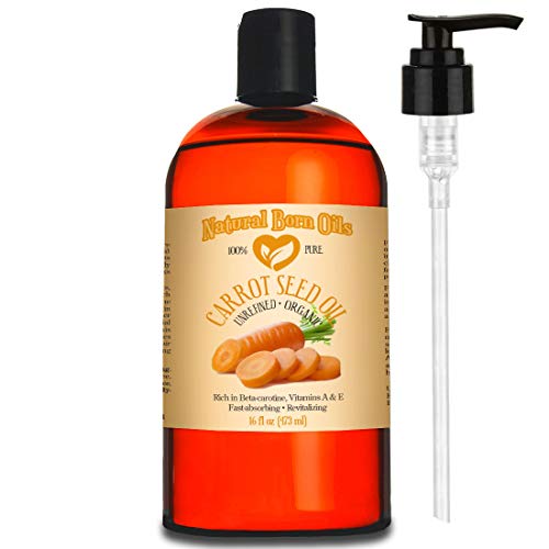 16oz Carrot Seed Oil, 100% Pure and Natural, Cold-pressed, Organic, Moisturizer for Skin and Hair - Includes Pump & Flip Cap