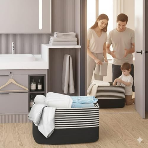Image of Large Storage Basket, Woven Blanket Basket, Toy Basket with Handle, Laundry Hamper for Living Room, Nursery, Bedroom- 20x15x12 (LXWXH) (black mix)