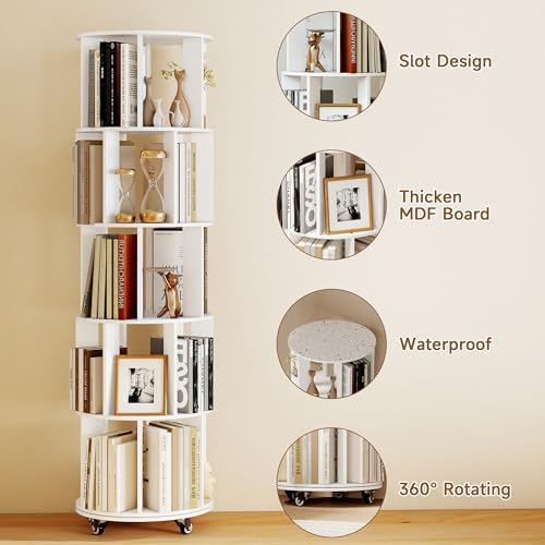 Turosur 5-Tier Rotating Bookshelf Bookcase (White) 360-Degree Revolving BookShelf Floor Standing Shelves Space-Saving Storage Organizer for Bedroom Living Room Office - Image 4