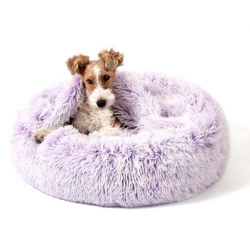 Image of NOYAL Calming Dog Bed for Anxiety, Hooded Donut Cave with Blanket, Plush Fluffy Washable Pet Bed for Small Medium Dogs & Cats