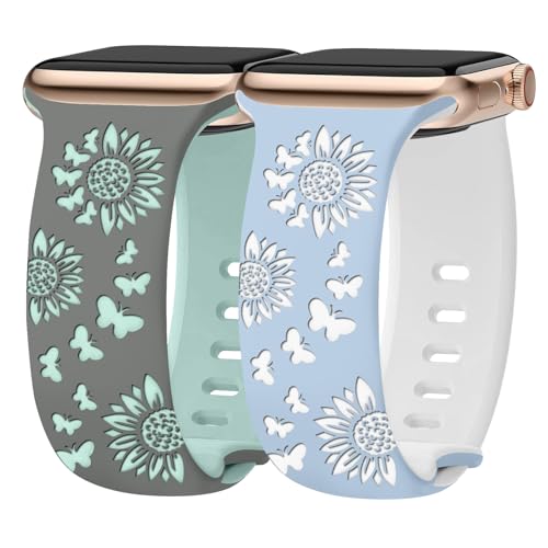 Kimiyaki 2 Pack Floral Engraved Bands for Apple Watch Band 38/40/41/42/44/45/46/49mm Women, Two-Tone Cute Sun Flower Soft Silicone Sport Strap for iWatch Series 10 9 8 7 6 5 4 3 2 1 SE Ultra