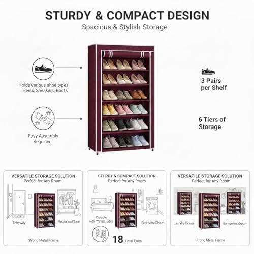 Image of Collapsible Shoe Rack PVC and Plastic Shoe Rack 6 Shelves for homeand Office Storage Maroon