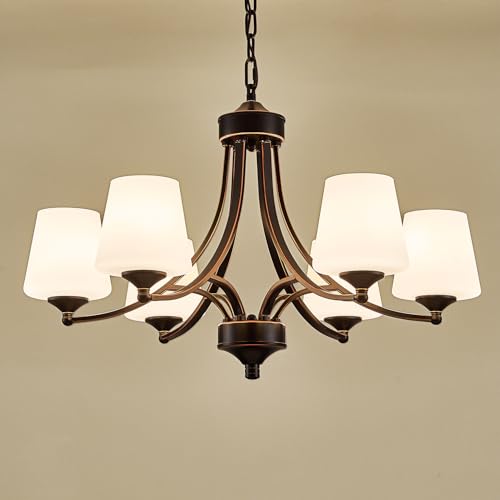 Image of 6-Light Farmhouse Chandeliers Black and Gold Dinner Room Light with Frosted Glass 47.2 inch Adjustable Pendant Ceilling Lighting Rustic Vintage Hanging Lamp for Kitchen Island Dining Table Living Room