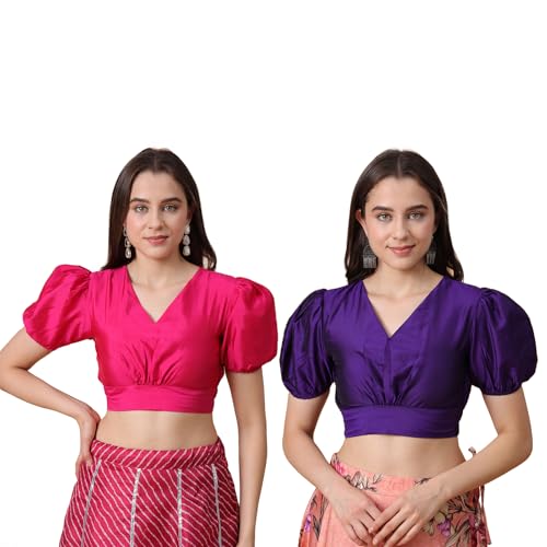 Image of Frolic Rolic Premium Silk V-Neck Blouse Readymade Saree Blouse - Designer Puff Sleeve Blouse for Wedding
