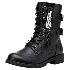 Vepose Women’s Combat Boots Low Heel, Mid Calf Military Boots with Card Knife Wallet Pocket