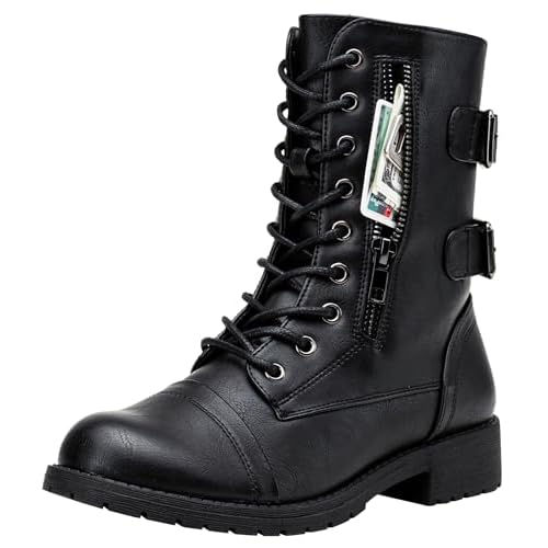 Vepose Women's Combat Boots Low Heel, Mid Calf Military Boots with Card Knife Wallet Pocket 7 A-high Combat-black