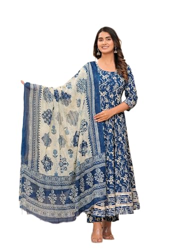 MEERA FAB Women's Cotton Printed Anarkali Kurta with Palazzo & Dupatta Set with Dori
