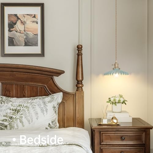 Image of Shenmoyl Pendant Light with Green Pleated Ceramic Lmapshade, Brass Vintage Pendant Light Adjustable Hanging Light for Kitchen Island Dining Room Hallway