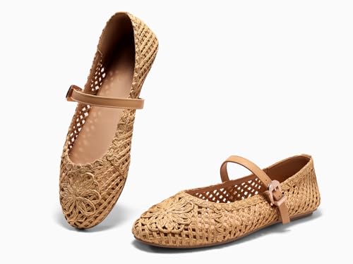 Image of Coutgo Womens Mary Jane Woven Flats Round Toe Ballet Flats Dressy Comfortable Slip On Shoes