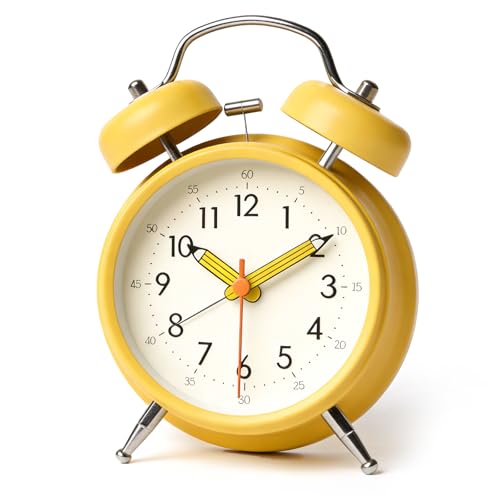 Linlinwill Loud Alarm Clock for Heavy Sleepers Silent Metal Alarm Clock Non Ticking 4 Twin Bell Alarm Clock with Night Light Battery Operated Analogue Alarm Clock for Bedroom (Yellow)