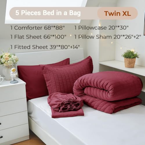 Image of MUXHOMO 5 Pieces Twin XL Comforter Set, Seersucker Bed in a Bag Twin XL Size, All Season Luxury Bedding Set with Comforter, Flat Sheet, Fitted Sheet, Pillowcase & Sham, Burgundy