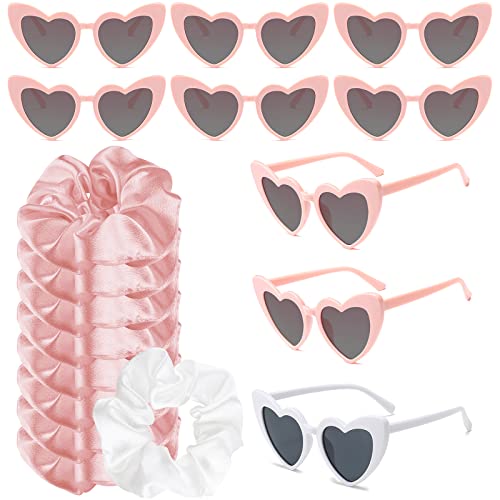 PLULON 9 Pairs Heart Shaped Sunglasses with 9 Pcs Satin Hair Scrunchies Bachelorette Party Heart Sunglasses Bulk