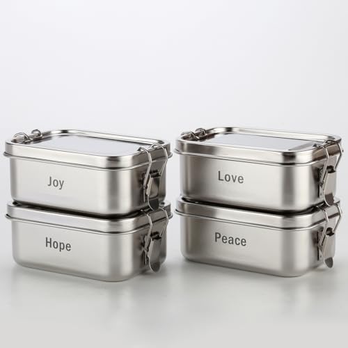 QinSuiKai 4 Pack Stainless Steel Lunch Box Engraving Inspiring Words, 550ml Small 304 Metal Lunch Containers, Reusable Dishwasher Safe Stainless Steel Bento Box for Work, Outdoor