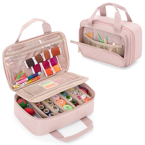 Teamoy Puffer Sewing Organizer Bag Sewing Supplies Organizer with 6 Detachable Dividers and Multiple Pockets Travel Sewing Notions Storage Case for Thread Needles Scissors Pink (Bag Only)