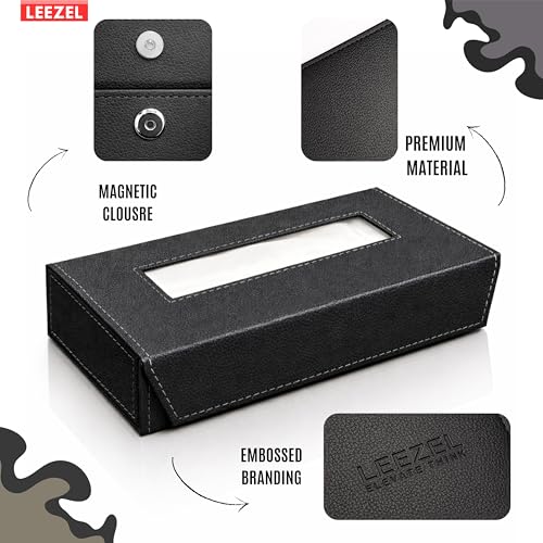 Image of LEEZEL| Tissue Box Holder with 100 Pulls Cotton Rags Tissue | Handcrafted Fine Leather - Like Finish | for Gifting, Office Desks, Cars & Home Decor | Durable & Water Resistant. (Black)