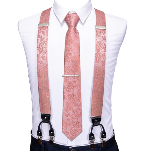 Image of Barry.Wang Men Suspender Set with Necktie Elastic Y Type Heavy Duty 6 Clips Braces Tie Handkerchief Cufflink Pin 6PCS
