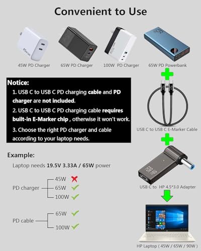 Image of FACTOTECH USB C to Smart Tip Connector 4.5 x 3.0mm for HP Laptop 100w PD Converter USB C to Smart Tip Connector