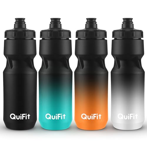 QuiFit Trinkflasche Fahrrad 710 ml, Fitnessflasche Sport Leichtgewicht 4er Pack für die meisten Fahrradkäfige für Reiten, Fahrrad, Fitness(Black+BlackOrange+BlackGreen+BlackWhite(4pcs))