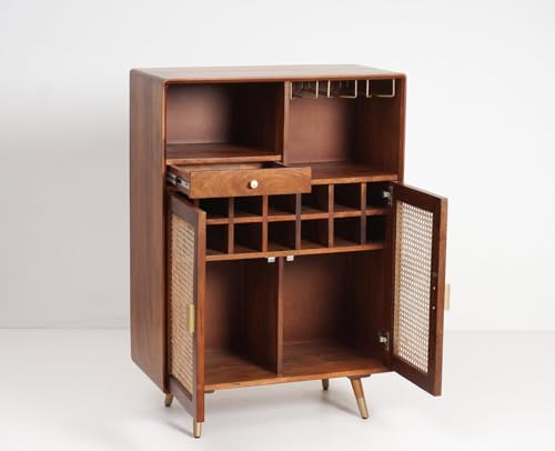 Image of Mid-Century Modern Storage Cabinet, Solid Wood with Rattan Doors, 1 Drawer, Brass Hardware, Bar Hooks W-81 X D-39 X H-114 cm