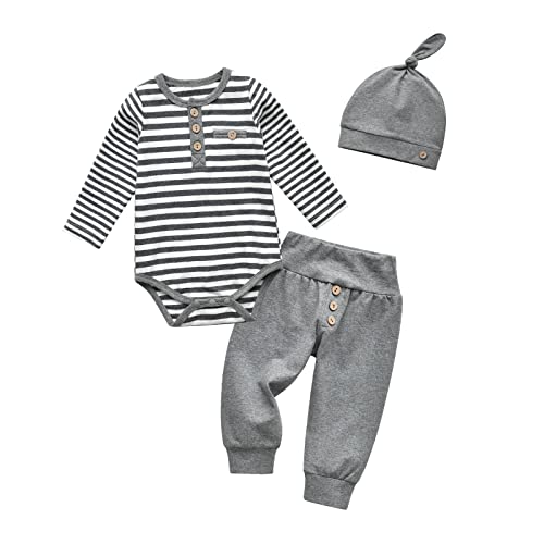 Image of Pig Song Newborn Baby Boy Clothes Infant Stripe Romper + Long Pants + Hat Set 3PCS Outfit Baby Boy's Clothing Newborn Grey